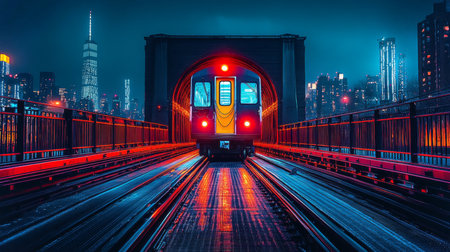 Urban Subway Train Approaches Bridge at Night Showcasing Vibrant City Skyline and Modern Infrastructure Generative AIの素材