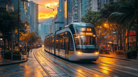 Modern Urban Transportation System Showcases Automated Tram in Bustling City During Sunset Generative AIの素材