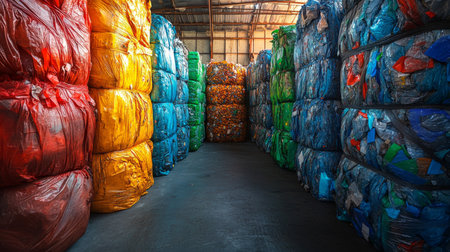 Colorful Bales of Recyclable Materials Stored in a Warehouse for Efficient Logistics and Sustainable Waste Management Efforts Generative AIの素材