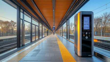 Train Station Platform Showcases Modern Transportation Infrastructure and Automated Ticketing System in Daylight Generative AIの素材