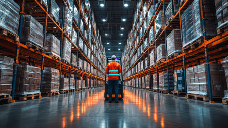 Workers Oversee Inventory Management in a Large Distribution Warehouse During Daytime Hours Generative AIの素材