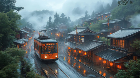 Urban Tram Moves Through a Foggy Evening in a Traditional Japanese Village With Illuminated Lanterns and Lush Greenery Generative AIの素材