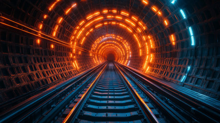 Brightly Lit Subway Tunnel Showcasing Urban Transportation of Future With Automated Features for Commuting Efficiency Generative AIの素材