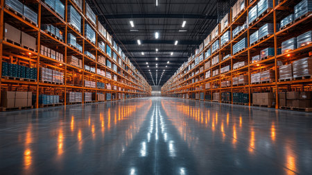 Brightly Lit Warehouse With Organized Shelves of Inventory in a Distribution Hub for Efficient Logistics Operations Generative AIの素材