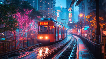 Brightly Lit Tram Traveling Through Urban Streets at Night Showcasing Modern Transportation and Vibrant City Life Generative AIの素材