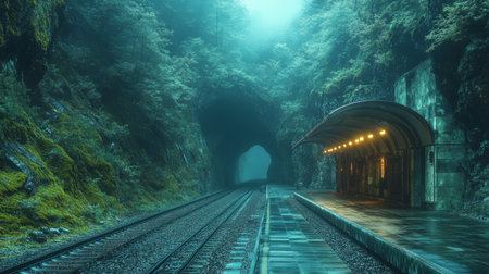 Subway Platform Nestled in a Mountain Region Surrounded by Lush Greenery and Misty Atmosphere on a Calm Day Generative AIの素材