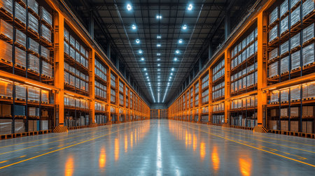 Expansive Warehouse Interior With Organized Storage for Freight and Inventory Management in a Logistics Facility Generative AIの素材