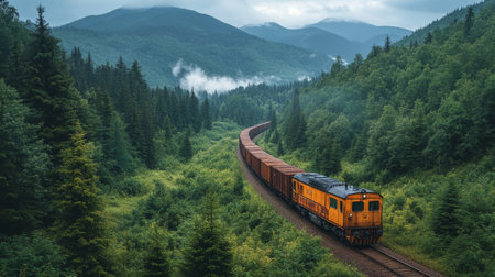 Freight Train Travels Along Winding Tracks Through Lush Green Mountains in a Serene Landscape During Overcast Weather Generative AIの素材