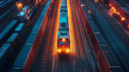 Automated Freight Train Navigating Intermodal Shipping Yard at Night With Illuminated Cargo Containers Generative AIの素材