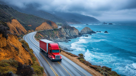 Freight Truck Navigating Along a Coastal Road With Ocean Views and Mountainous Terrain in a Cloudy Atmosphere Generative AIの素材