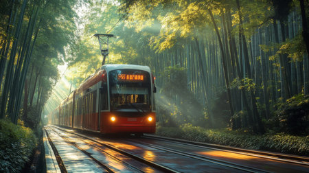 A Contemporary Tram Skillfully Navigates Its Way Through a Vibrant Bamboo Forest Nestled Within an Urban Setting During the Early Morning Light, Created by Generative AIの素材