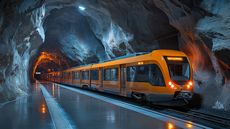 Innovative Underground Metro Train Station Featuring a Modern Orange Train in a Natural Cave Like Environment Generative AIの素材