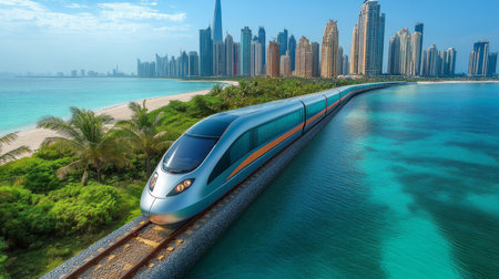 High speed Train Traversing Coastal Railway With Modern Skyline in Background on a Clear Sunny Day Generative AIの素材