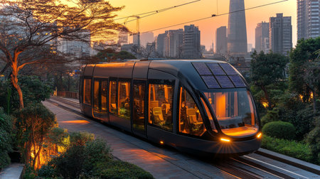 Modern Automated Transit Vehicle Preparing for Evening Commuter Service in an Urban Landscape Generative AIの素材