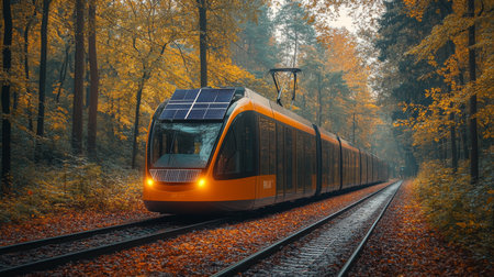 Modern Electric Tram Operates Along Railway Tracks Surrounded by Autumn Foliage in an Urban Setting Promoting Sustainable Urban Mobility Solutions Generative AIの素材