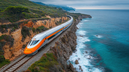 Sleek High Speed Train Navigates Coastal Railway Tracks Overlooking the Ocean in a Serene Landscape During Overcast Weather Generative AIの素材