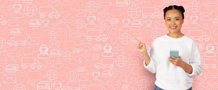 Smiling customer using smartphone for online shopping and delivery serviceの写真素材
