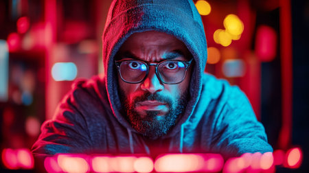 Cybersecurity expert analyzing data breach risks in illuminated workspace Generative AIの素材