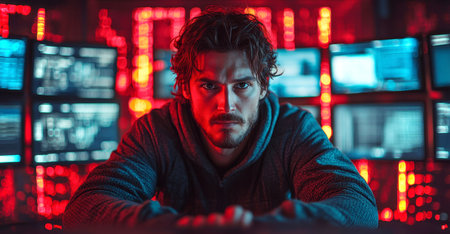 Cybersecurity expert analyzing potential data breach risks in a dark room Generative AIの素材