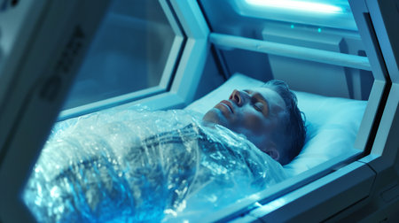 A human is suspended in a cryogenic chamber, preserved for potential future exploration and revivalの素材