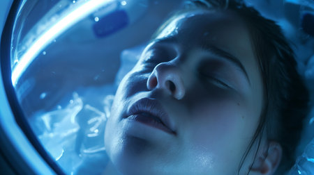 A human is cryogenically preserved in a futuristic hibernation chamberの素材