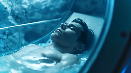 Person in a cryonics chamber, experiencing a state of suspension for potential future explorationの素材