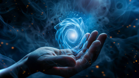 A hand holds swirling blue energy, symbolizing biotech and human evolution in spaceの素材