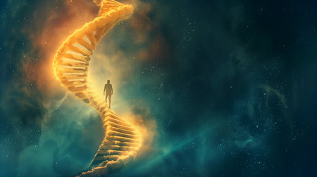 A figure walks along a luminous DNA strand in a vast cosmic environment, symbolizing evolutionの素材