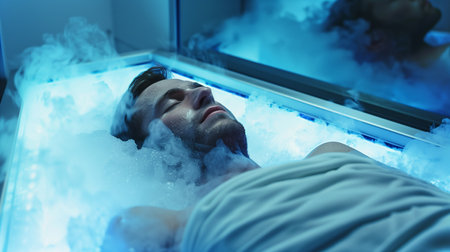 A person lies in a cryogenic chamber, enveloped in mist, highlighting advanced preservation techの素材