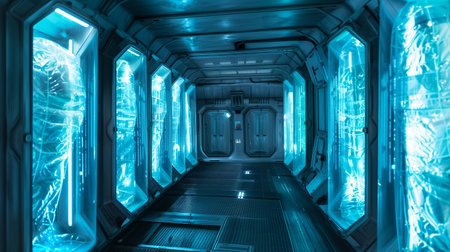 Blue-lit chambers display suspended people in cryogenic hibernationの素材