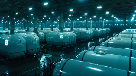 Rows of advanced cryogenic pods are illuminated in a high-tech facility, showcasing future biotechの素材