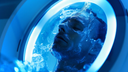 A person in cryogenic suspension in a high-tech chamber of preservation liquidの素材