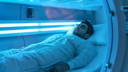 A young person lies in a cryonic chamber, using advanced hibernation for space travelの素材