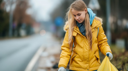 A girl picks up roadside trash, showing her commitment to the environment and communityの素材