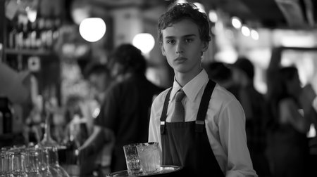 A young worker holds a tray with a drink amidst a lively cafe atmosphere filled with chatterの素材
