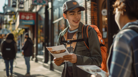 A young individual engages with peers while distributing flyers in a lively city street settingの素材