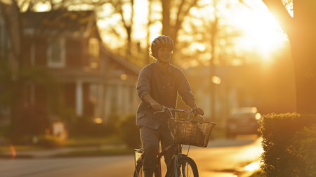 A teenager enjoys cycling along a quiet street as the sun sets, embracing freedom and youthの素材