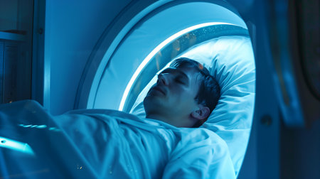 A young individual is suspended in a cryosleep chamber, symbolizing future biotech advancementsの素材
