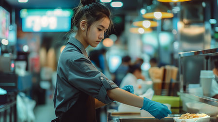 A teen in gloves prepares food in a bustling cafe, embodying youthful independenceの素材