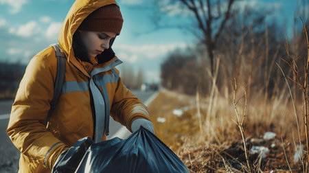 A teenager collects litter along the road, promoting independence and community cleanup effortsの素材