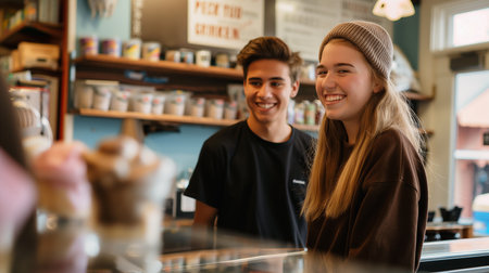 Two teens enjoy a joyful moment at a busy cafe, showcasing their independence and friendshipの素材