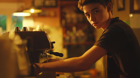 A teenager focuses intently while making coffee in a cozy cafe during evening hoursの素材