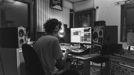 A teenager immerses in music production, using a computer and equipment in a home studio at duskの素材