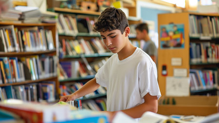 A young person is engaged in selecting books while exploring the librarys resources during summerの素材