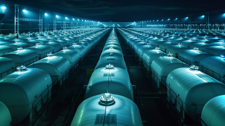 Array of large storage tanks in a high-tech setting for future biotechnology and cryogenicsの素材
