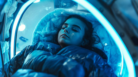 A young person relaxes in a cryogenic chamber for future space travel and hibernationの素材