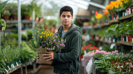 A teenager holding a flower pot in a greenhouse filled with various plants and blossomsの素材