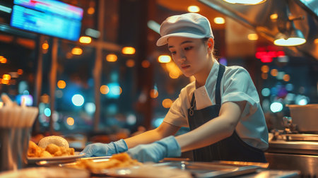 A young worker prepares food at a vibrant restaurant during evening hours, showcasing dedicationの素材