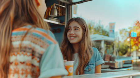 Two teens connect at a busy food stand, highlighting their independence and community vibeの素材