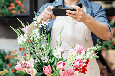 Flower shop, delivery, creating order and modern online saleの写真素材